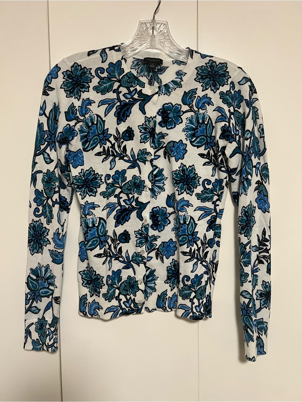 Ann Taylor Factory White Blue Floral Button Up Long Sleeve 100% Cotton Cardigan